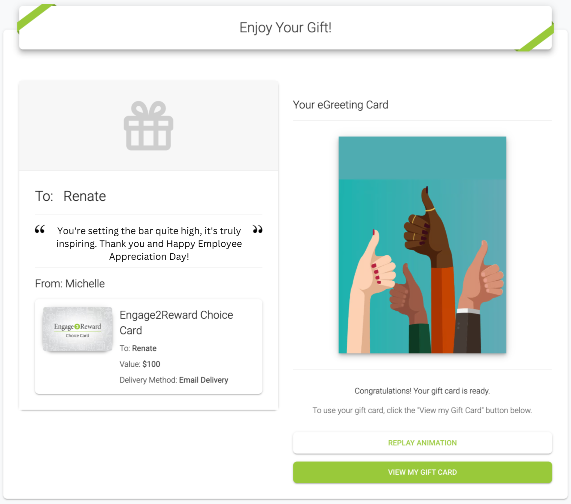 Engage2Reward gift card eGreeting example