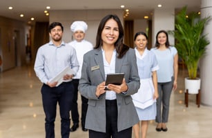 Manager looking at team feedback from her team