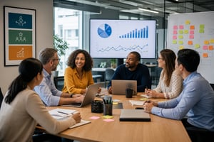 The image depicts a modern office environment, buzzing with activity. In the foreground, a diverse group of employees sits around a large conference table, engaged in a vibrant discussion about employee benefits and rewards. Charts and graphs are projected on a screen behind them, illustrating trends in employee satisfaction and engagement. Natural light floods the room through large windows, creating a welcoming atmosphere. To the side, a whiteboard is filled with colorful sticky notes outlining various Total Rewards strategies. Laptops and notepads are scattered across the table, indicating a collaborative brainstorming session. In the background, a poster on the wall highlights key aspects of a comprehensive Total Rewards program, emphasizing flexibility, recognition, and career development. The overall mood is dynamic and focused, reflecting a commitment to enhancing employee experience and engagement.