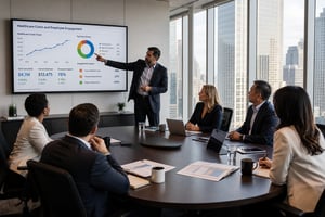 The image depicts a corporate boardroom with executives gathered around a large oval table, engaged in a serious discussion. The room is well-lit, featuring floor-to-ceiling windows that offer a panoramic view of a bustling city skyline. A large digital screen displays a colorful infographic that outlines statistics on healthcare costs and employee engagement strategies. The executives, a diverse group of men and women in professional attire, are actively taking notes and pointing at the screen, indicating a collaborative atmosphere. On the table, there are various reports, tablets, and cups of coffee, suggesting a high-stakes meeting focused on improving employee health initiatives and driving business value through strategic incentives. The mood is one of urgency and determination, highlighting the importance of actionable outcomes in workforce wellness.