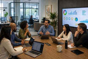 The image depicts a modern office environment bustling with activity. In the foreground, a diverse group of employees is engaged in a collaborative meeting around a large conference table, filled with laptops, notepads, and coffee cups. A digital screen displays colorful charts and graphs related to employee engagement and incentive programs. In the background, glass-walled offices reveal employees working independently, immersed in their tasks. Bright and airy, the office features plants, motivational posters, and a coffee station, contributing to a vibrant atmosphere. Natural light floods the space through large windows, enhancing the feeling of openness and creativity. The overall vibe conveys a sense of teamwork, innovation, and a commitment to employee development and well-being.