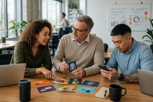 The image depicts a diverse office environment where employees are engaged in various activities. In the foreground, a group of three colleagues, representing different demographics, are gathered around a table with laptops and colorful gift cards spread out before them. One employee, a young woman with curly hair, is animatedly discussing options while pointing at a dining gift card. Beside her, a middle-aged man with glasses is nodding, holding a clothing gift card, while a younger man with tattoos is scrolling through his phone, likely exploring online retailers. In the background, a whiteboard showcases motivational quotes and colorful charts illustrating employee performance metrics. Soft, natural light filters through large windows, illuminating the space and creating a warm, inviting atmosphere. The overall scene conveys collaboration, choice, and personalization in employee incentives.
