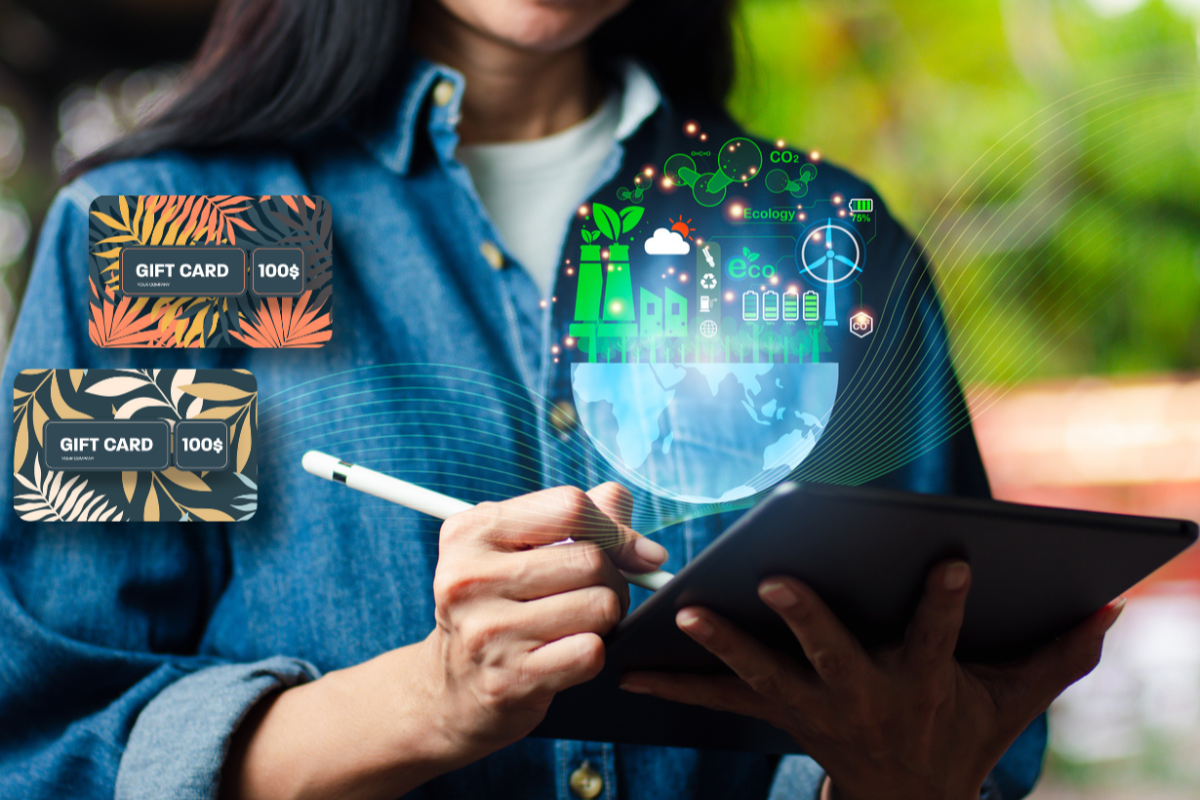 Gift cards in foreground with woman calculating sustainability data in the background