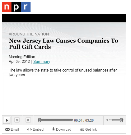 NPR's: New Jersey Law Causes Companies To Pull Gift Cards by Joel Rose