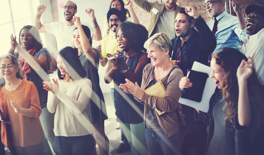 Employees cheering and applauding